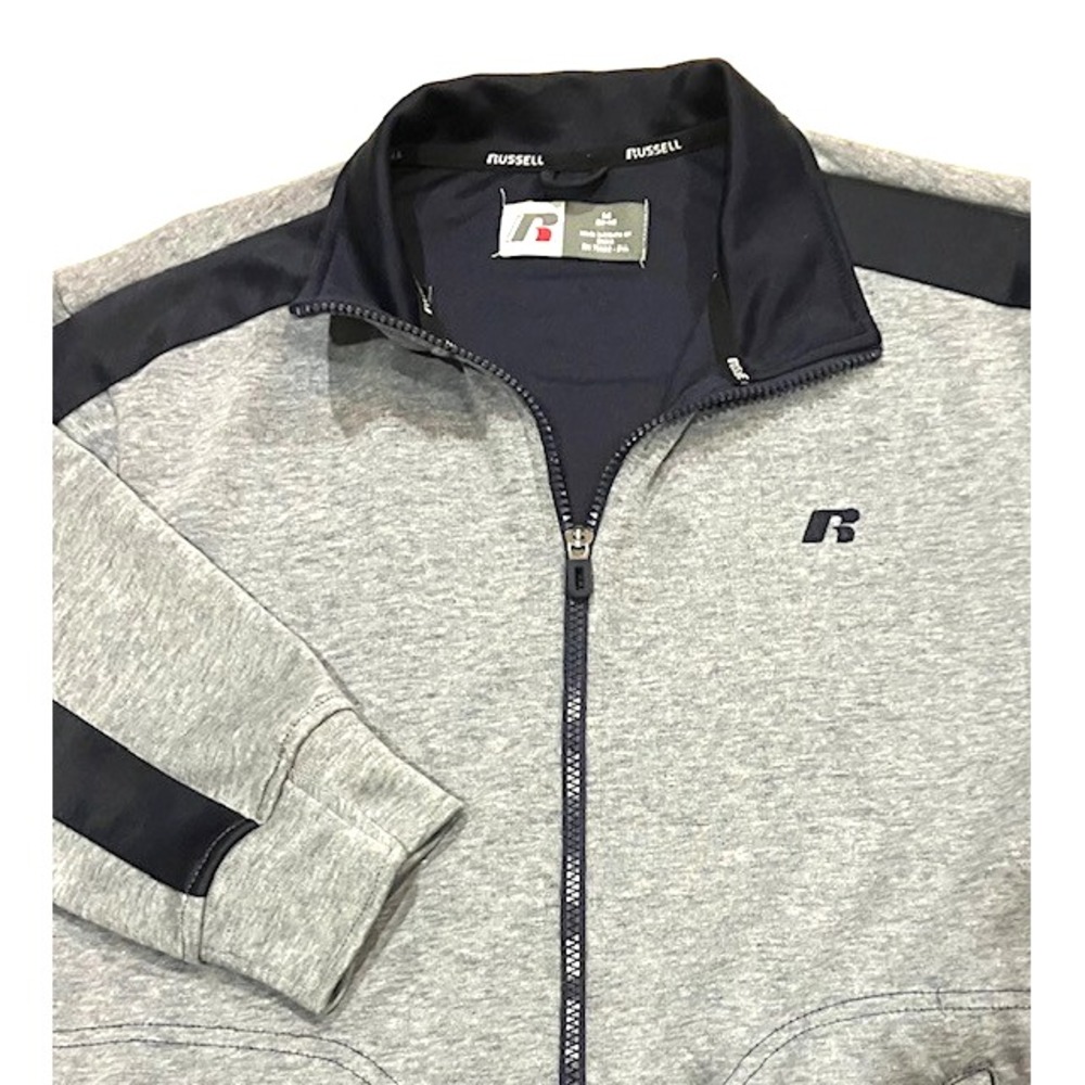 Russell Mens Athletic Track Jacket Size Medium Full Zip Gray w/Dark Navy Sleeves